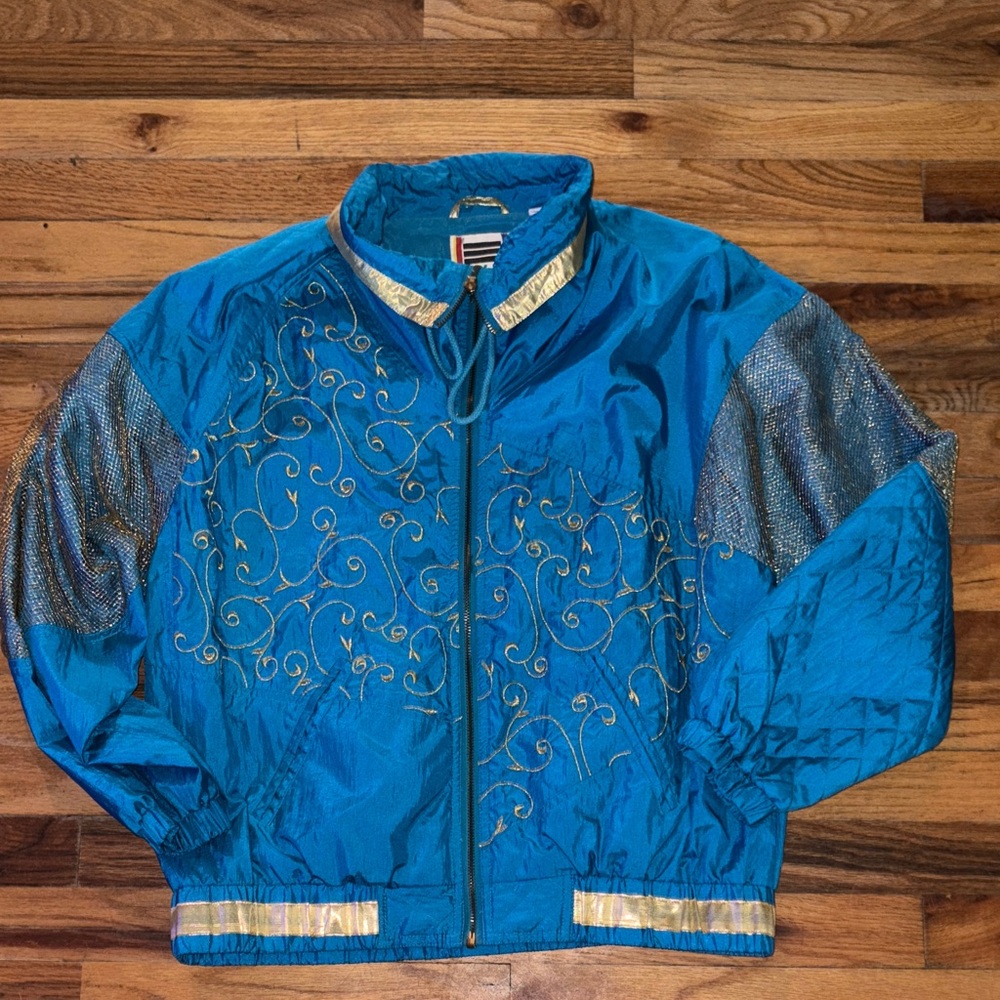 EVR Vintage womens jacket,1980s gold mesh sleeves nylon,blue#windbreaker#spring